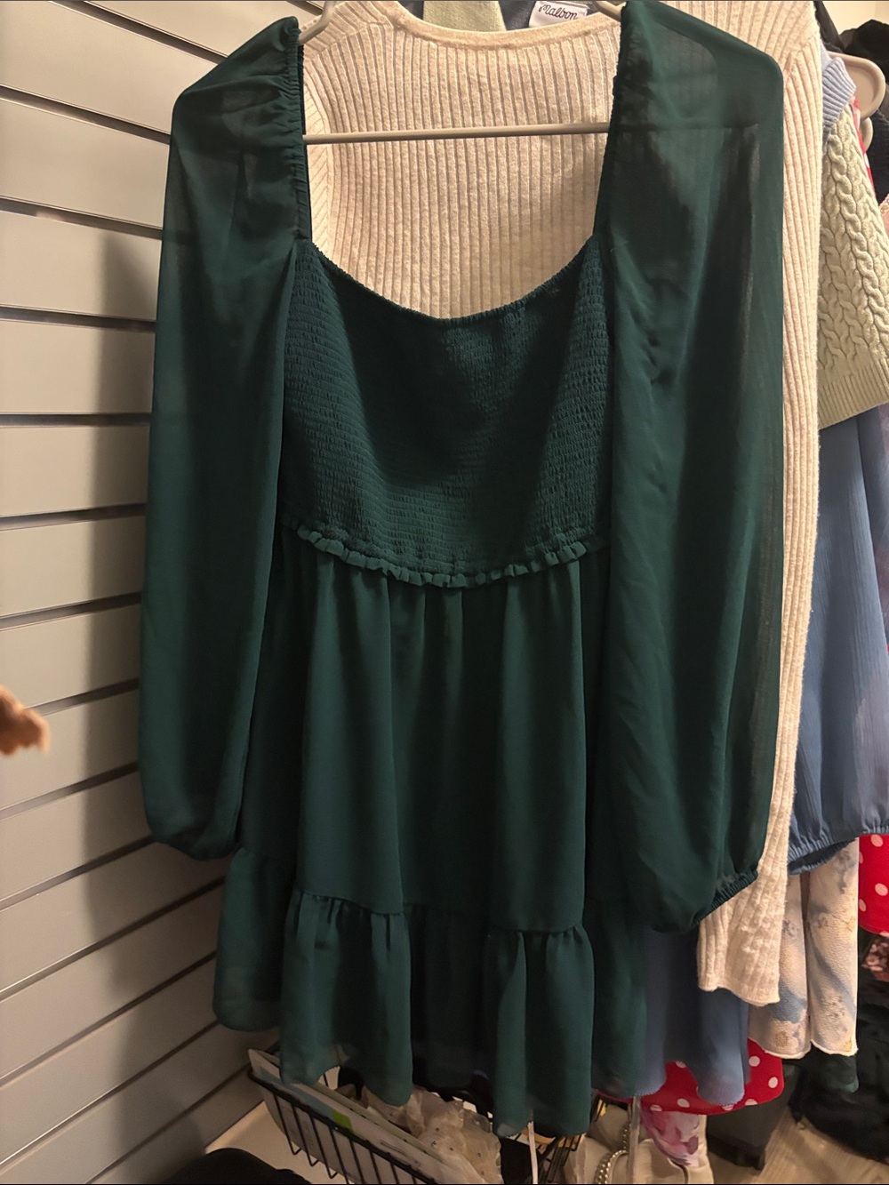 Aritzia Deep Green Long Sleeve Smocked Tunic Dress